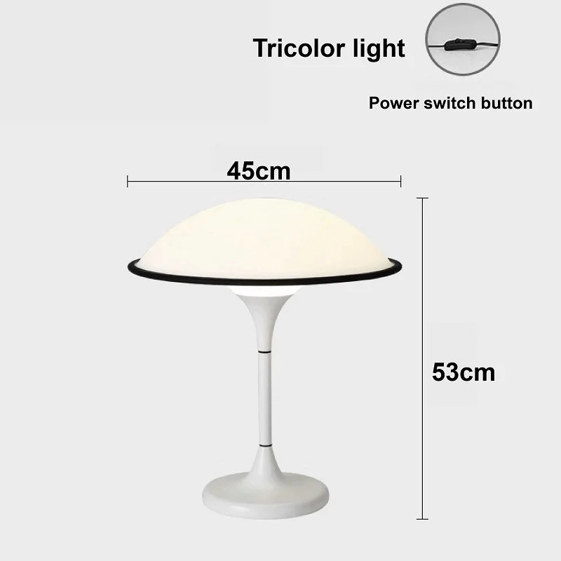 Table lamp with dimensions and features labeled on a white background