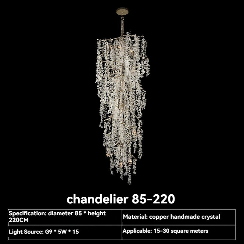 Crystal chandelier with specifications on a black background