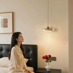 Modern Blue Oval Pendant Light with Red Orb and Frosted Glass Accents
