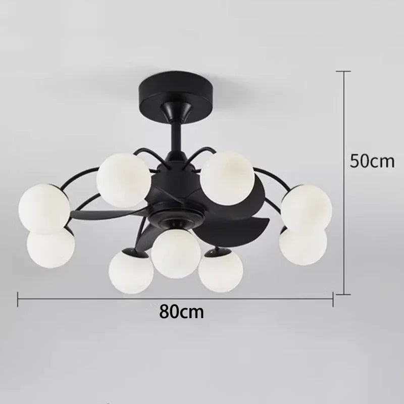 Black ceiling light fixture with white spherical bulbs and dimensions on a gray background