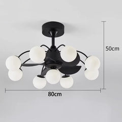 Black ceiling light fixture with white spherical bulbs and dimensions on a gray background