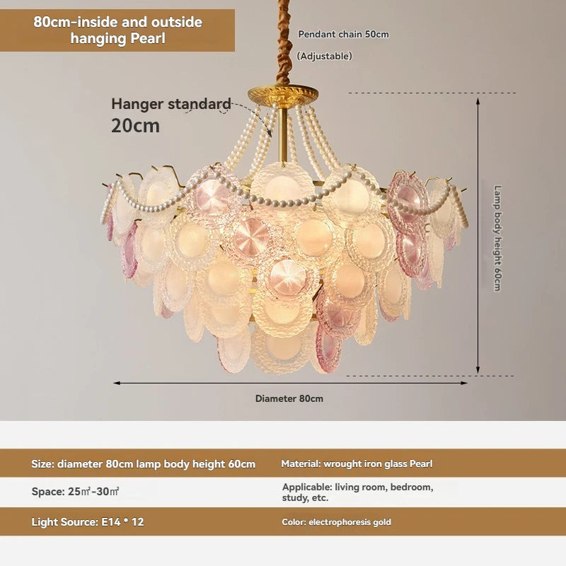 Chandelier with pearl accents and measurement details on a gray background