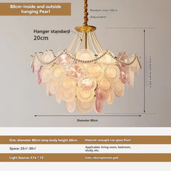 Chandelier with pearl accents and measurement details on a gray background