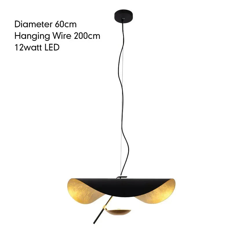 Black and gold pendant light with specifications on a white background