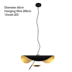 Black and gold pendant light with specifications on a white background
