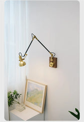 Brass Adjustable Swing Arm Wall Sconce Wooden Base Black Frame