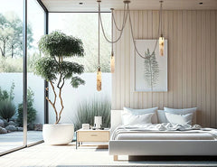 Modern bedroom with wooden walls, a bed, and decorative elements.