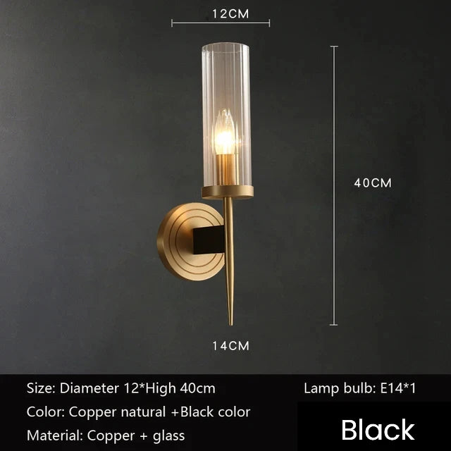 Wall-mounted light fixture with dimensions and material details on a dark background
