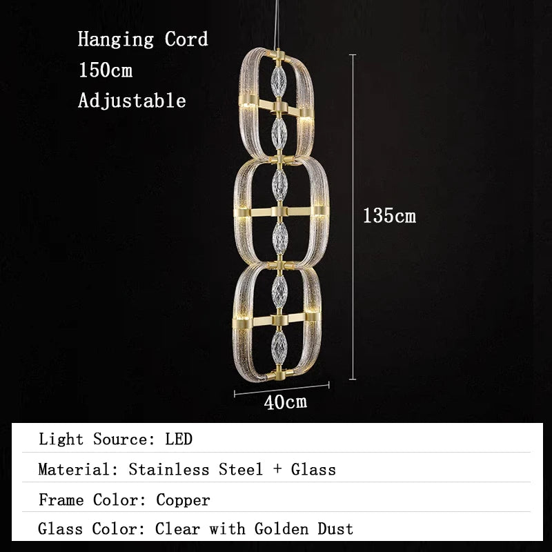 Chandelier with dimensions and material details on a black background