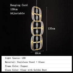 Chandelier with dimensions and material details on a black background