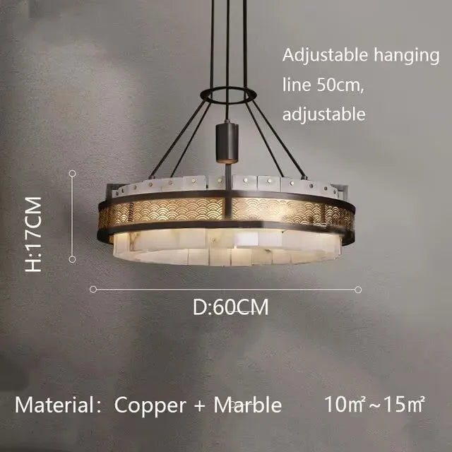 Chandelier with dimensions and material details on a gray background