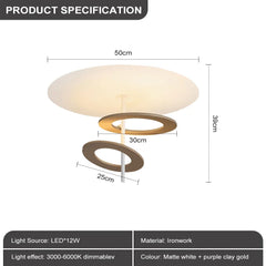 Ceiling light fixture with dimensions and product specifications on a white background