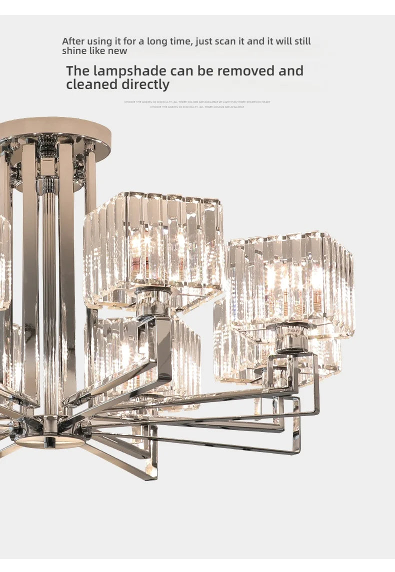 Detailed shot of the crystal shades and polished chrome arms of the chandelier.