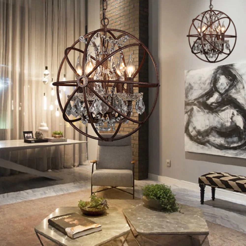 Living room with decorative chandeliers, a chair, and a coffee table.