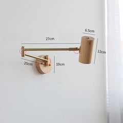Adjustable Brass Swing Arm Sconce with Natural Wood Cylinder Shade