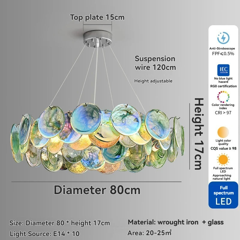 Chandelier with colorful glass discs on a gray background, featuring dimensions and certification details.