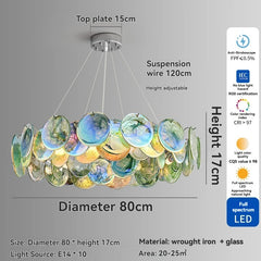 Chandelier with colorful glass discs on a gray background, featuring dimensions and certification details.