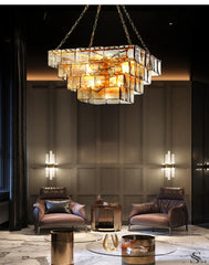 Tiered Amber Glass Chandelier with Brushed Gold Finish Metal Frame