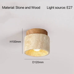 Stone Cylinder Pendant Light with Wood Accent and Natural Texture
