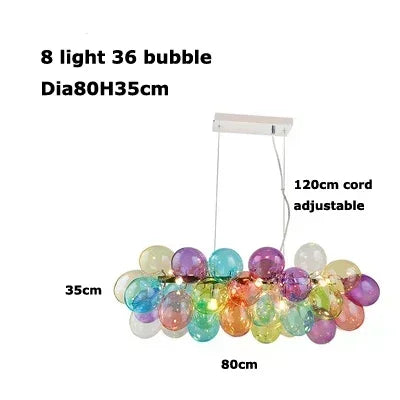 Colorful bubble chandelier with dimensions and cord length details on a white background