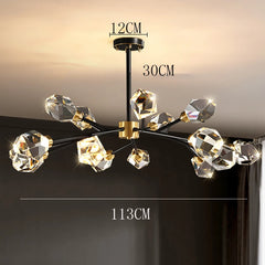 Modern chandelier with crystal-like lampshades on a plain background