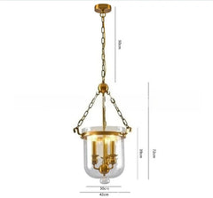 Brass Lantern Pendant Light with Clear Glass Bell Shade and Chain