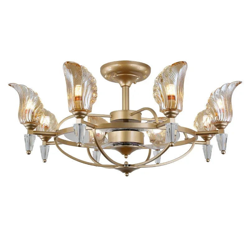 Gold chandelier with glass shades on a white background