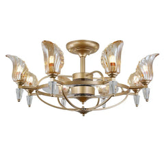 Gold chandelier with glass shades on a white background