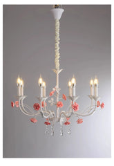 White Candelabra Chandelier with Pink Roses & Crystal Drops