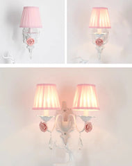 White Metal Rose Sconce with Pink Pleated Shades and Crystal Drop