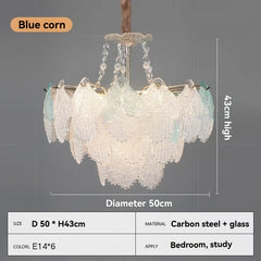 Frosted White Glass Leaf Tiered Chandelier with Crystal Accents
