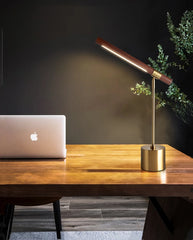 Brass Minimalist LED Desk Lamp with Wooden Accents