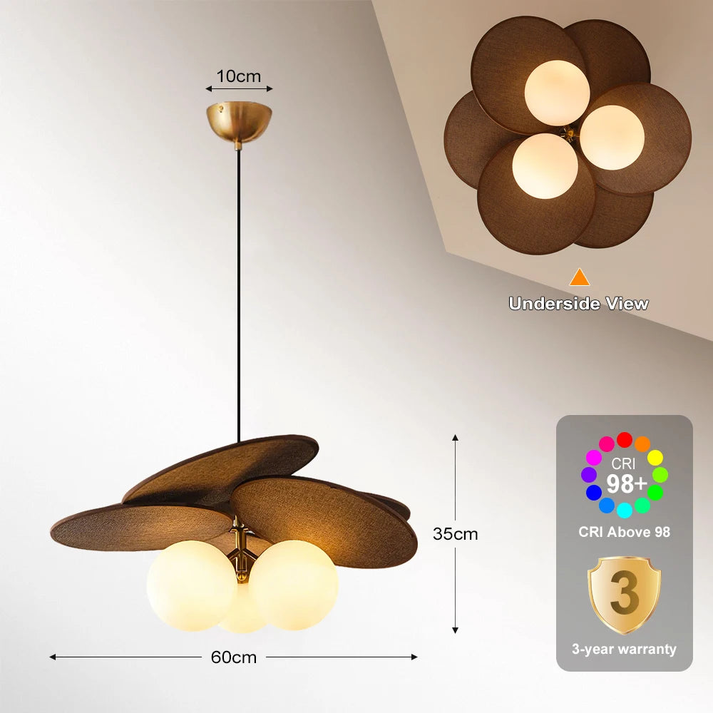 Ceiling and pendant light fixtures with measurements and color rendering index (CRI) above 98 on a white background.