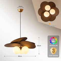Ceiling and pendant light fixtures with measurements and color rendering index (CRI) above 98 on a white background.