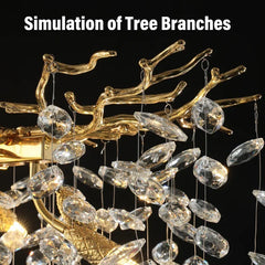 Chandelier with gold branches and crystal-like elements on a black background