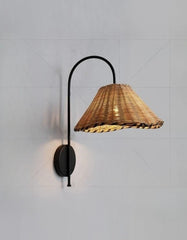 Rattan Cone Shade Wall Sconce with Black Metal Arm Natural Light