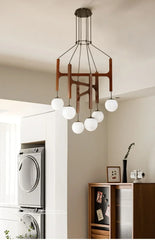 Modern Multi-Arm Wood and Glass Chandelier