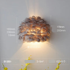 Wall-mounted lamp with feather design on a light gray wall, featuring dimensions and product details.