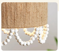 Jute Drum Pendant Light with Natural Wood Beads Accent