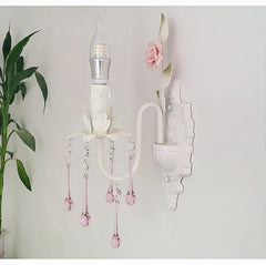 White Floral Wall Sconce with Pink Crystal Drops and Rose Accents