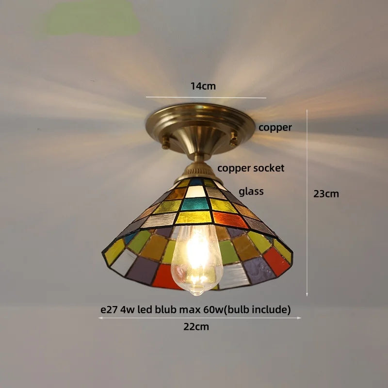 Colorful stained glass ceiling light fixture with measurements on a neutral background
