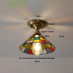 Colorful stained glass ceiling light fixture with measurements on a neutral background