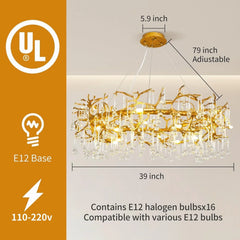 Diagram showing the dimensions and electrical specifications of the gold branch crystal chandelier.