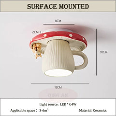 Red White Ceramic Mushroom Flush Mount Light with Squirrel Accent
