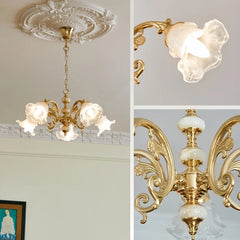 Gold Floral Chandelier With Frosted Glass Shades