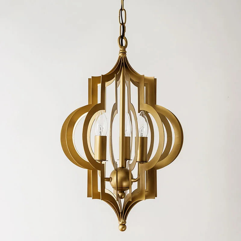 Close-up of a gold geometric open frame pendant light, showing its structure and chain.