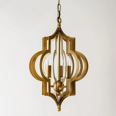 Close-up of a gold geometric open frame pendant light, showing its structure and chain.