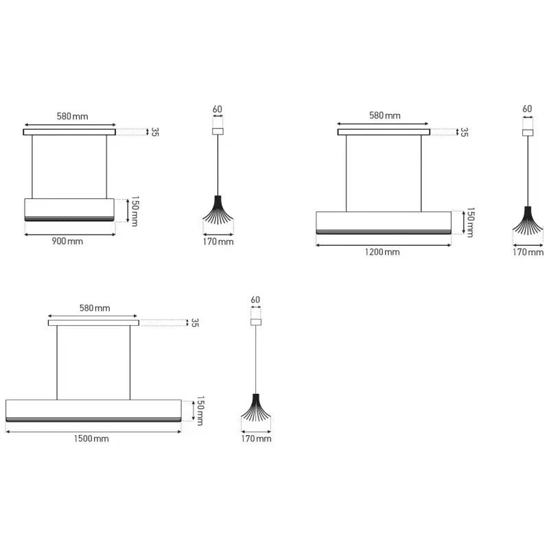 Technical drawing of ceiling fans with dimensions on a white background