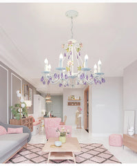 White Metal Chandelier with Rose Buds and Purple Crystal Drops