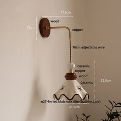 Wall-mounted lamp with dimensions and material details on a beige background